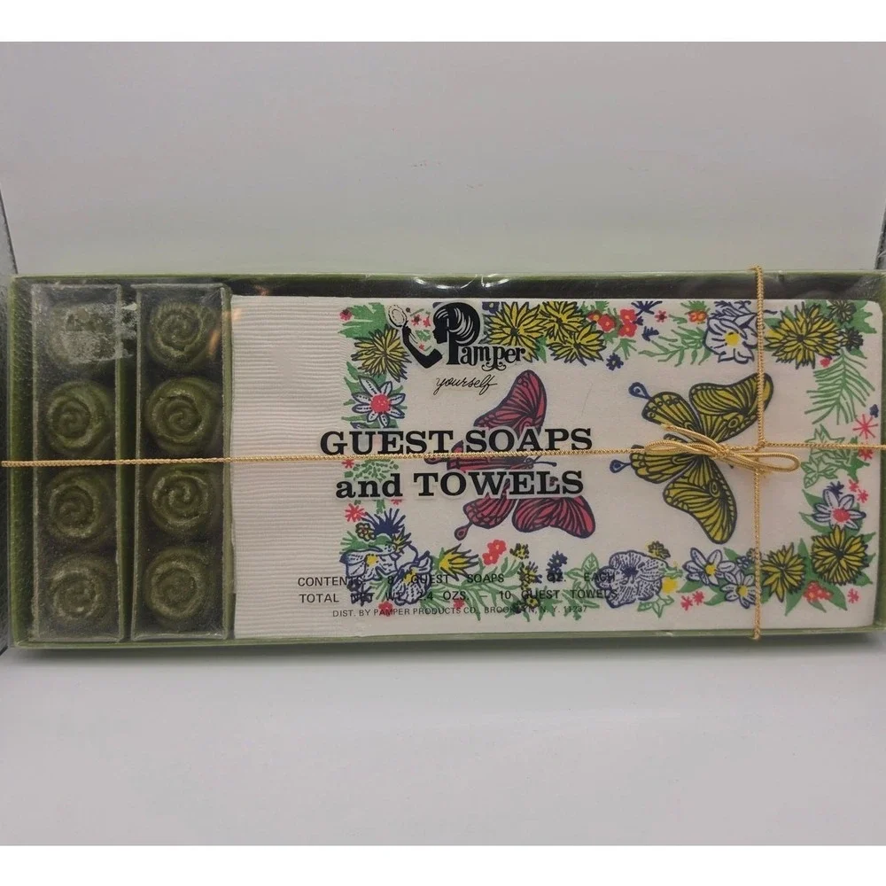Vintage Pamper Guest Soap and Towels Set Floral Butterfly Sealed 18pc Green